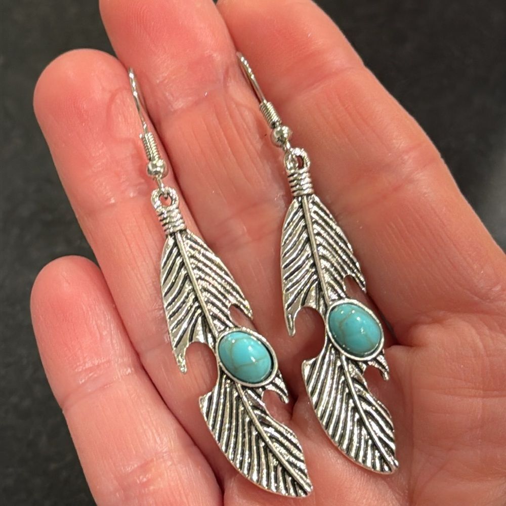 Western Silver Feather Turquoise Dangle Earrings, Native American Style